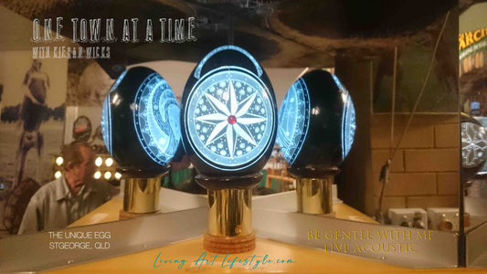 Be Gentle With Me By Kieran Wicks - Live Acoustic Rendition - Carved Emu Egg with Geometric Star Pattern and Red Ruby gem at the centre, Teal Blue design - The Unique Egg Art Gallery St George QLD