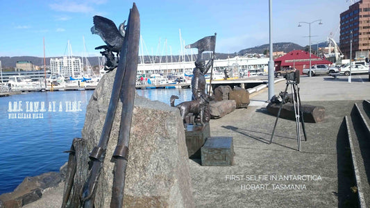 TRIBUTE STATUE AND MEMORIAL HISTORY PLAQUE OF LOUIS BERNACCHI THE FIRST AUSTRALIAN TO SPEND A SUMMER IN ANTARTICA