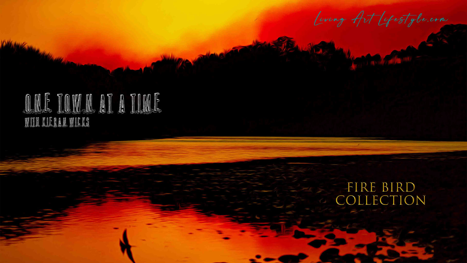 FIRE BIRD COLLECTION - LIVING ART LIFESTYLE - COPMANHURST CAMPGROUND NORTHERN RIVERS NEW SOUTH WALES SUNSET ON THE CLARENCE RIVER WITH BIRD IN FLIGHT ABOVE WATER